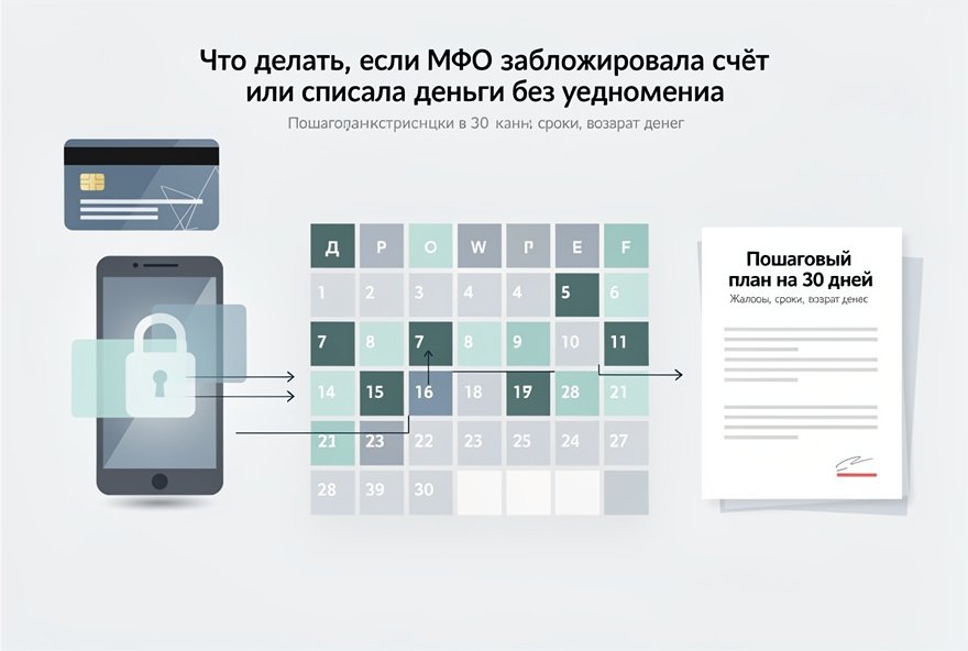 Что делать, если МФО заблокировала счёт или списала деньги без уведомления: пошаговая 30‑дневная инструкция