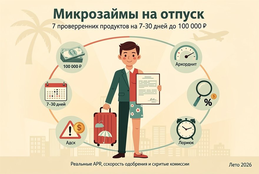 Микрозаймы на отпуск: 7 проверенных продуктов на 7–30 дней до 100 000 ₽ — реальные APR, скорость одобрения и скрытые комиссии (лето 2026)