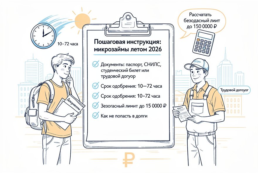 Микрозаймы летом 2026 для студентов и сезонных работников: документы, сроки одобрения 10–72 часов и безопасный лимит до 150 000 ₽